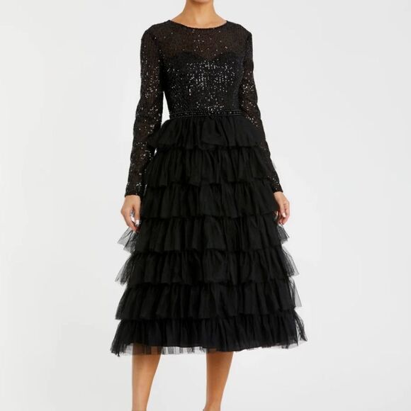 Mac Duggal Black Long Sleeve Ruffle Tiered Sequin Midi Cocktail Dress| 10 - Picture 1 of 10